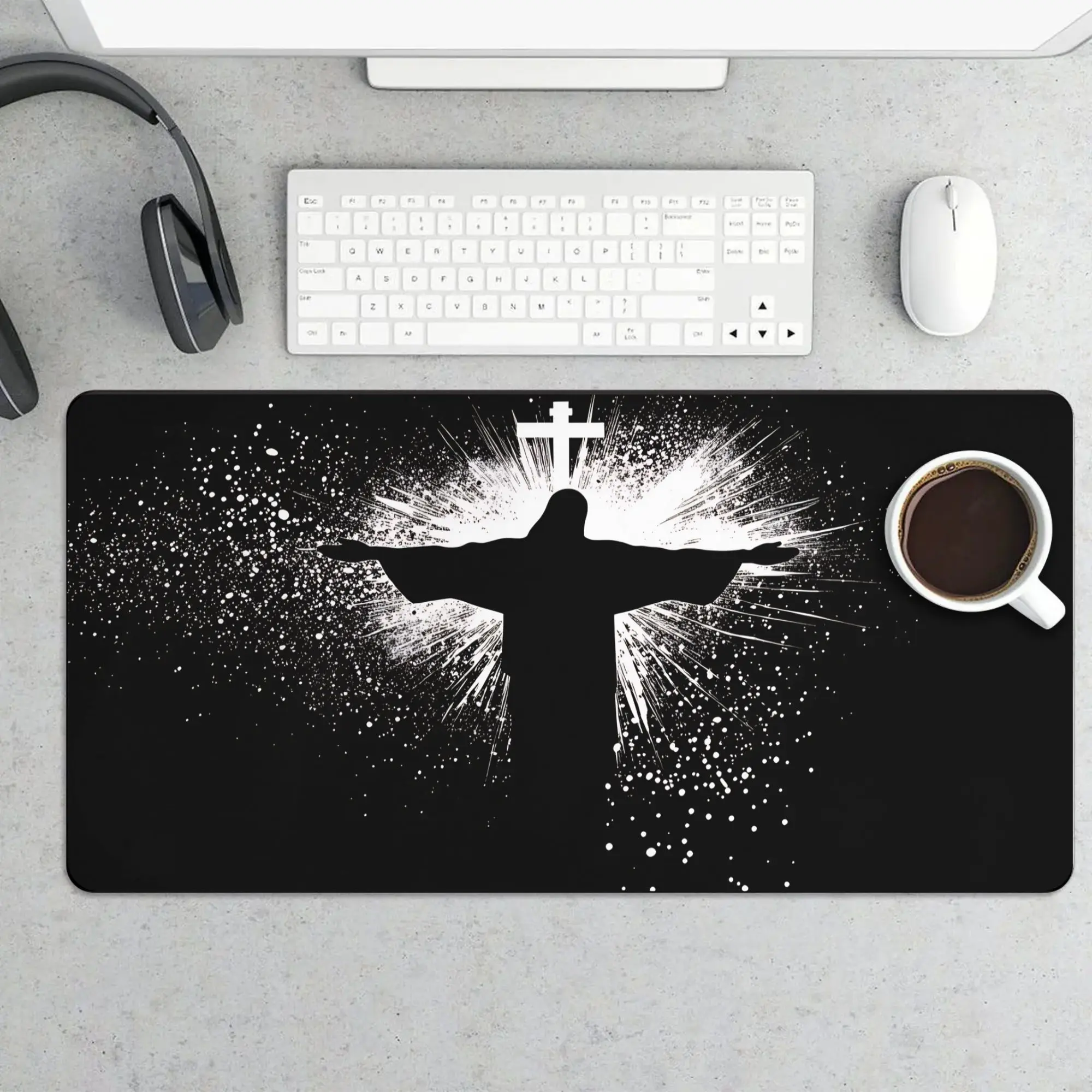Jesus & Cross Illuminated Design Large Gaming Mouse Pad,Aesthetic Desktop Decoration Drotection Pad,Washable Rubber Pad  Multi-Size Mouse Pad Suitable For Home Office,Office Desk Accessories,Good Gift for Family and Friends, keyboard  rug，DealsForYouDays