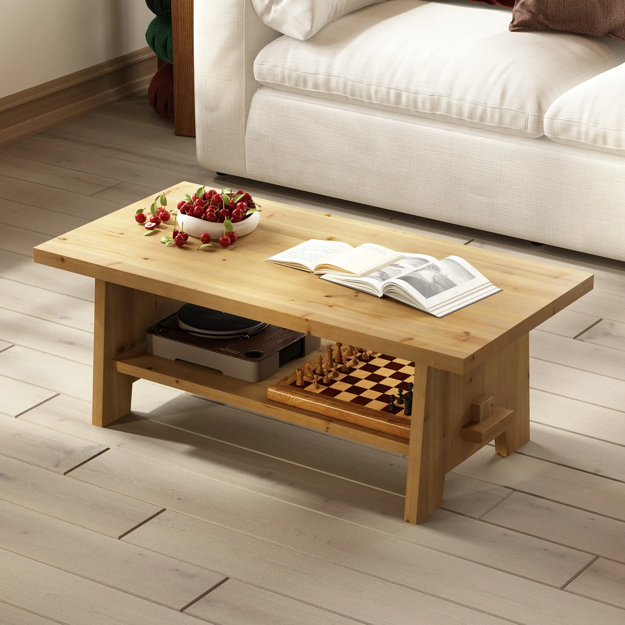 Farmhouse Wood Coffee Table - 43.4” Mid Century Modern Wooden Coffee Tables for Living Room, Solid Firwood Tabletop Rectangle Coffee Table, Center Table for Living Room