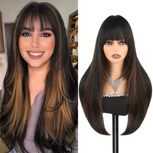Auvzy Long Straight Layered Wig with Bangs for Women 26 inch Realistic Synthetic Fiber Heat Resistant Natural Wig for Girls Party Cosplay Daily Use TikTokShopBlackFriday