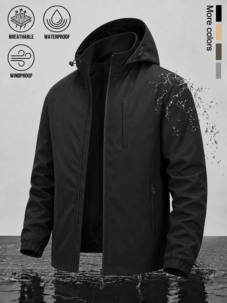 Lightweight Men Functional Hooded Windbreaker, Waterproof Windproof Breathable Outer Coat, Vertical Zip Chest Pocket, Side Zipper Pockets, Full‑Zip Front Placket, Adjustable Hood for Outdoor Hiking Travel and Everyday Street Wear