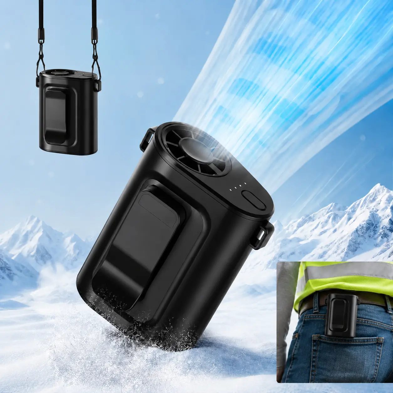 Portable Clip Fan Rechargeable 5000mAh, 4-Speed Strong Airflow Waist & Belt Clip Fan with Stand, Wearable Cooling Fan for Work, Camping, Travel, Hiking Outdoor Essentials Black