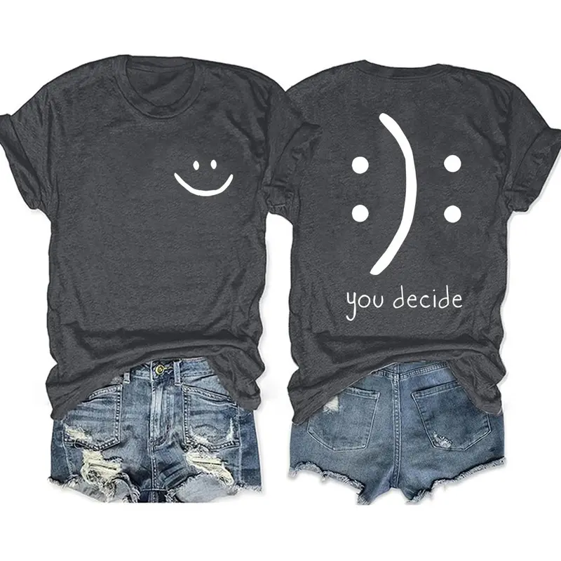 Women's Smile Face & You Decide Graphic Print Round Neck Fitted Short Tee, Fashion Casual Streetwear Crew Neck T-shirt for Daily Everyday Holiday Vacation Outdoor Wear, Ladies Clothes for Summer, Top, Womenswear, Sleeves