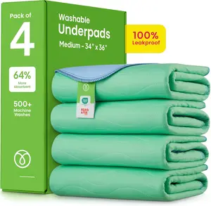 Washable Underpads, 34" x 36" (Pack of 4) - Heavy Absorbency Reusable Bedwetting Incontinence Pads for Kids, Adults, Elderly, and Pets - Waterproof Protective Pad for Bed, Couch, Sofa, Floor