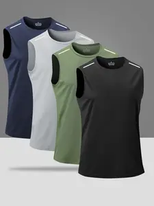 4-Pack Sleeveless Quick-Drying Sweat Vest Tank, Fitted Cut, Reflective Stripes, Breathable Gym Workout Apparel for Summer Outdoor Fitness fathersdaygift