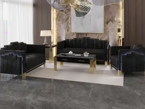 23-2034-2PC 2 pc Empire Black Velvet Fabric Blue LED Accents Sofa and Love Seat Set with Gold Accents Modern Comfy Couch