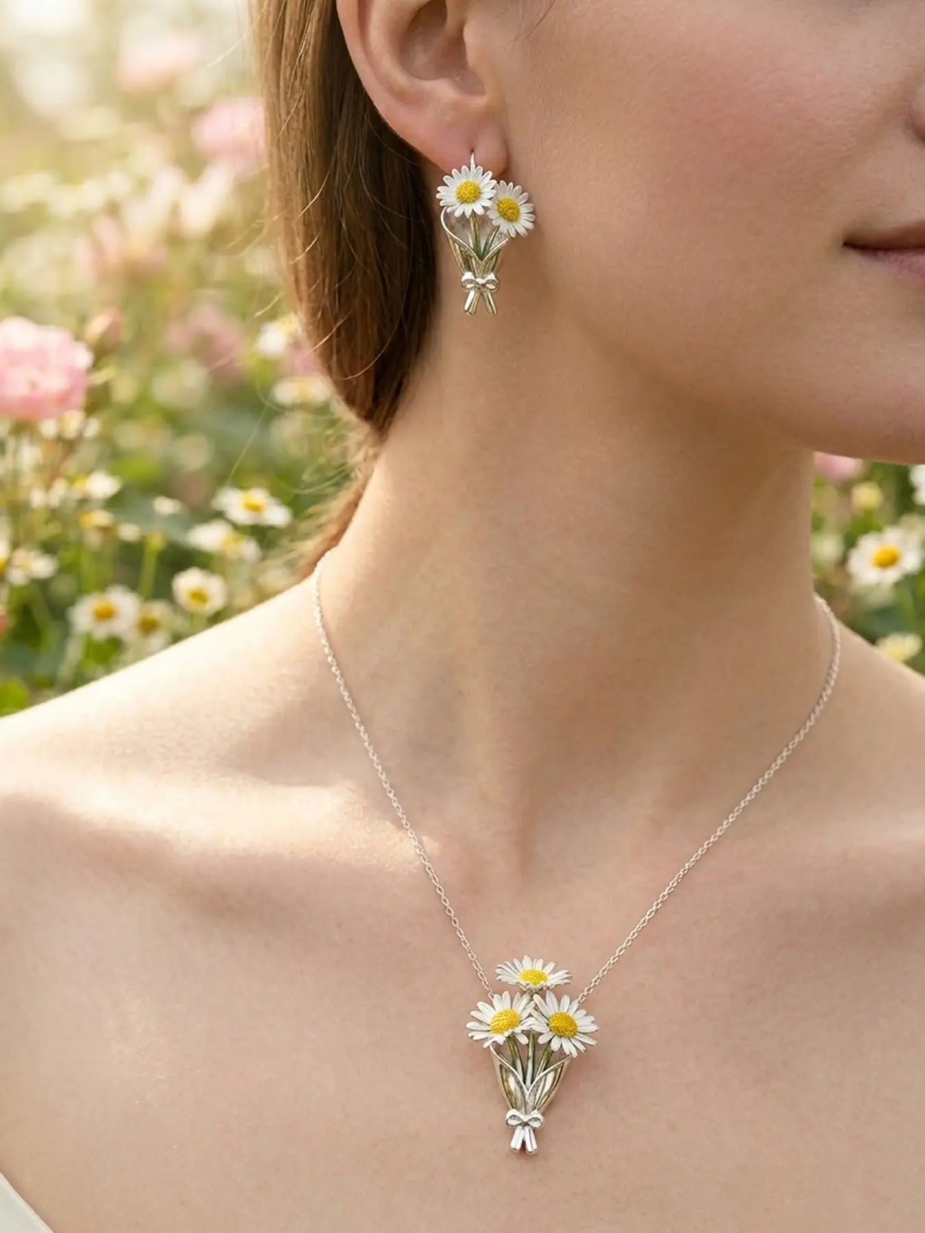 1Set Flower Bouquet Necklace, Flower Bouquet Earrings, Daisy Earrings, Flower Holder Necklace Pendant Floral Vase Necklaces DIY Pendant Necklace with Matching Stud Earrings Mothers Day Jewelry Gifts Graduation Gifts Jewellery Gift Set