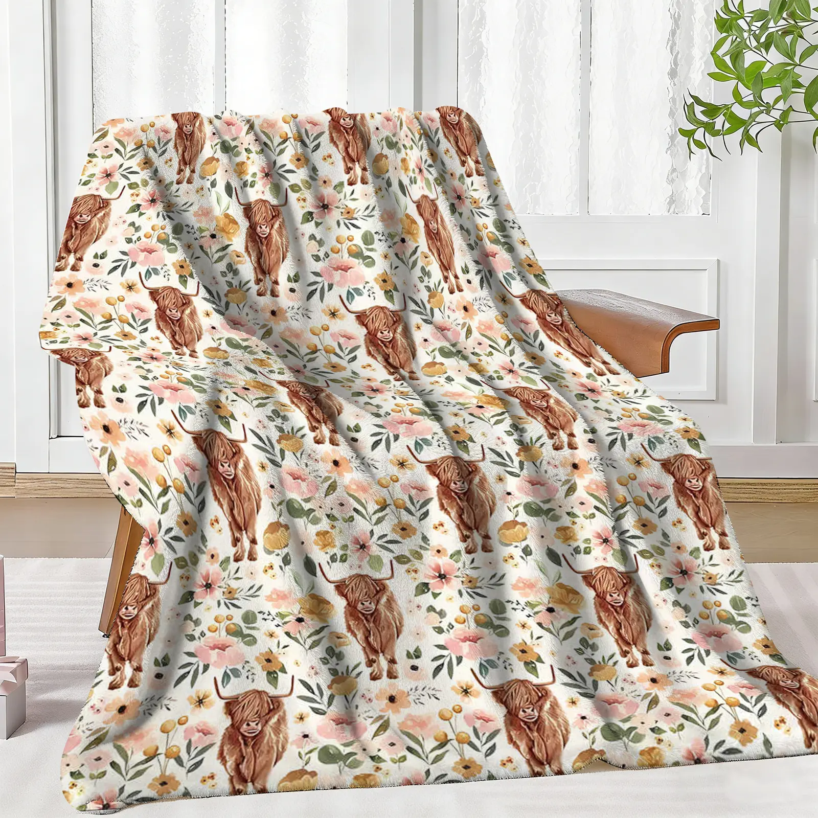 280GSM Flannel Woven Blanket Throw - Warm Hug, Snuggly Hugable, Fluffy, Wrinkle-Free, Floral Cow-Themed Print - Machine Washable for Couch, Bed - Mother's Day Gift - Textiles & Soft Furnishings Bedding Accessory, Warm Hug Throws, Snuggly Hugable Throws