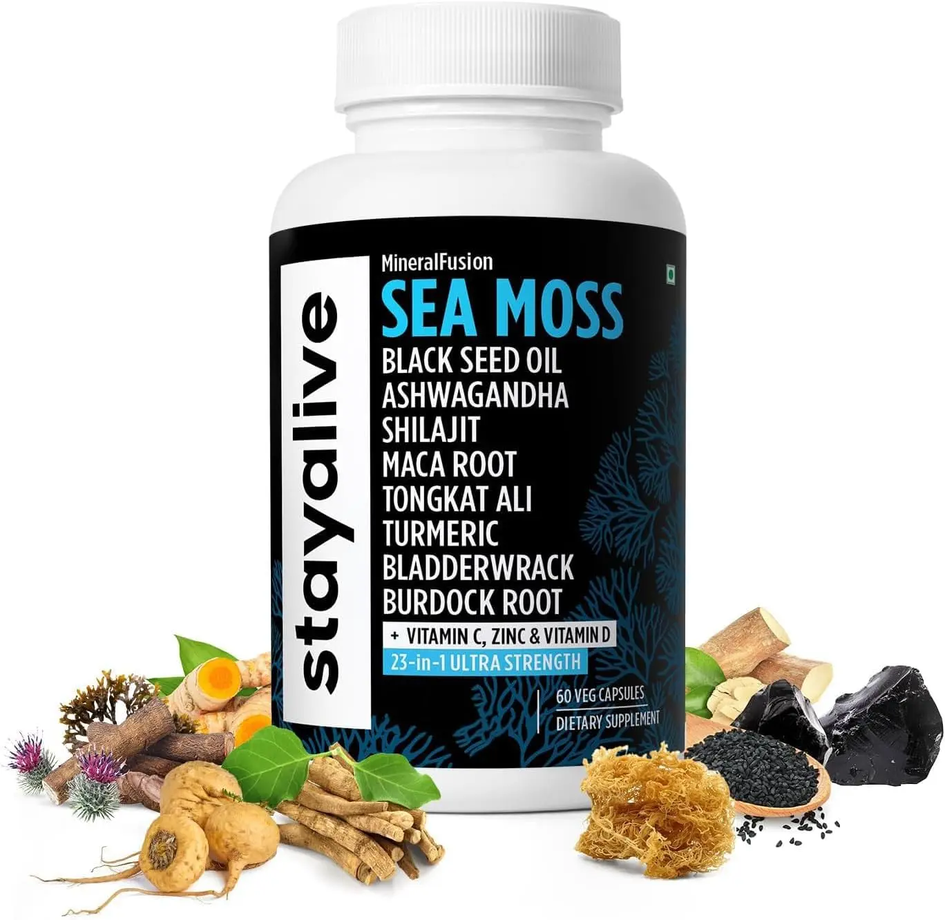STAY ALIVE Sea Moss Capsules, 23-in-1 Blend with Black Seed Oil, Ashwagandha & Bladderwrack, 60 Pills, Non-GMO & Gluten-Free Seamoss Supplement