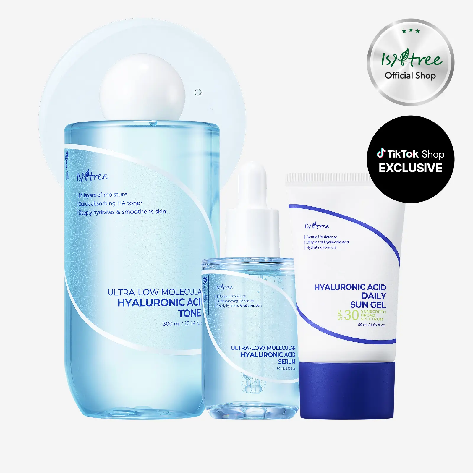 [isntree Official Shop] Ultra-Low Molecular Hyaluronic Acid Summer Glow Up Trio | Toner + Serum + Daily Sun Gel SPF with Multi-Molecular Hyaluronic Acid for Glass Skin