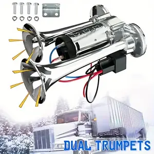 Super Loud 135dB Dual Trumpet Air  Kit 12V, Electric  with Compressor for Cars SUV RV Trucks Motorcycles Off-Road Ships sun shade Hat License Plate tiktokshopspringglowup Aluminum Speaker Horn Compact Warning Siren PA System Microphone and