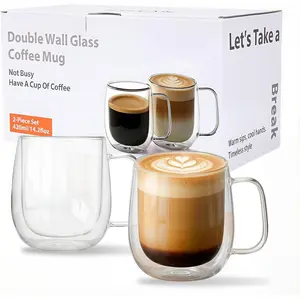 Double Wall Glass Coffee Mugs, Clear Borosilicate Glass with Handle, 14.2oz, 2 count Set, High-Heat Resistant