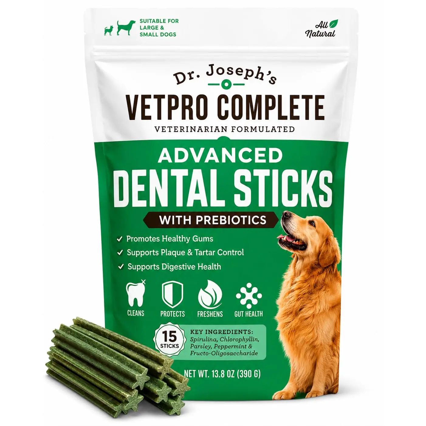 VetPro Complete Dr. Joseph's Advanced Dental Sticks with Prebiotics, 15 Sticks, Cleans Teeth, Freshens Bad Breath, and Supports Gut Health, Target Tartar and Plaque Build Up, Veterinarian Formulated