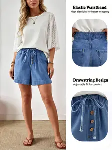 Women's Casual Drawstring Denim Shorts Bottom, Womenswear Multi-Button Design, Loose-Fitting, Perfect for Everyday Office Commute Parties Dates Leisure