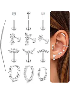 Helix Piercing Jewellery Surgical Steel Tragus Earrings Set Threadless Push In Flat Back Earrings Labret Nose Stud Cartilage Earring Hoops Silver Gold Conch Daith Tragus Piercing Jewellery Hoop Earring Sets