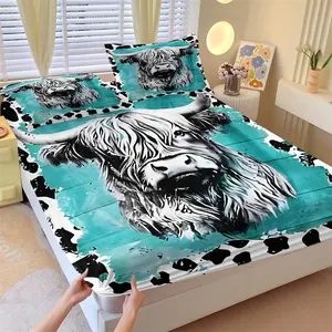Scottish Highland Cow Ink Cool Fitted Sheet Set & 2 Pillowcases, Turquoise Blue Wood Grain Background, Black White Ink Long-Horned Highland Cow, Skin-Friendly Easy Care, Wild Artistic Bedroom Decor Gift