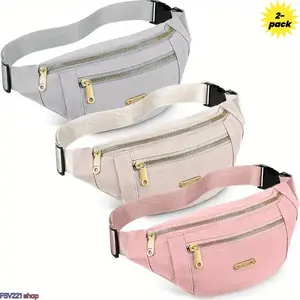 3-Pack Multi-Pocket Nylon Fanny Packs, Adjustable Waist Belt Bags with Gold Zippers, Unisex Crossbody Sling Bags for Women, Ideal for Travel, Sports, Crossbody Bags For Women