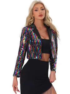 INSPIRE CHIC Streetwear Glam Lapel Collar Open Front Crop Sparkle Blazer Sequin Jacket Cardigan