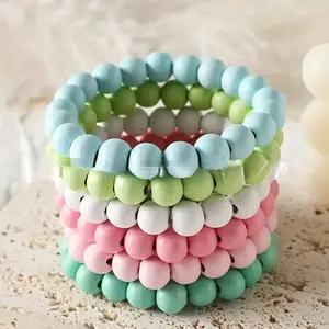 6Pcs Boho Chic Wooden Bead Elastic Bracelets Set Candy Color Multi-layer Handmade Beads Bangle Bohemian Vintage Beads Bracelets Vacation Beach Jewelry Chain Set
