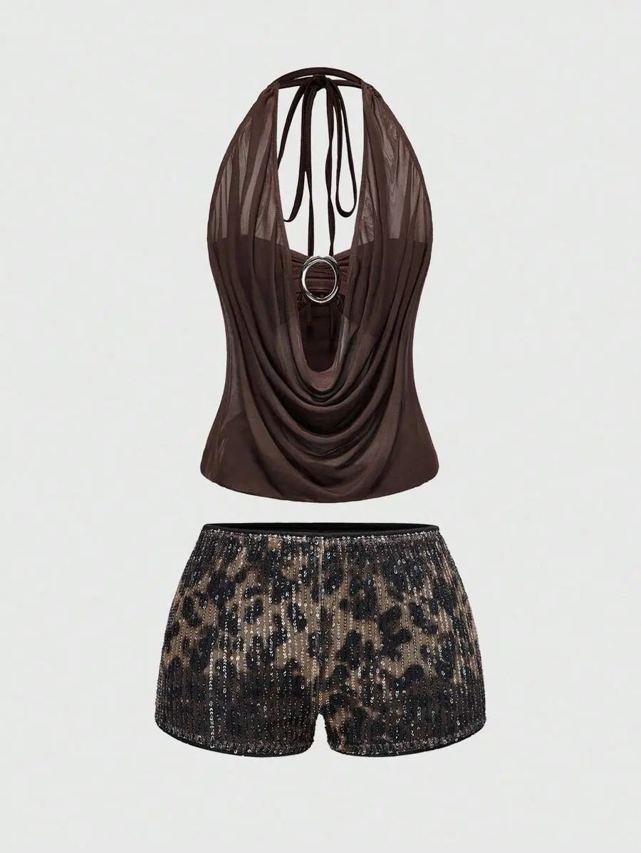 Women's Brown Draped Cowl Neck Halter Top & Leopard Sequin Mini Shorts 2 Piece Y2K Party Set