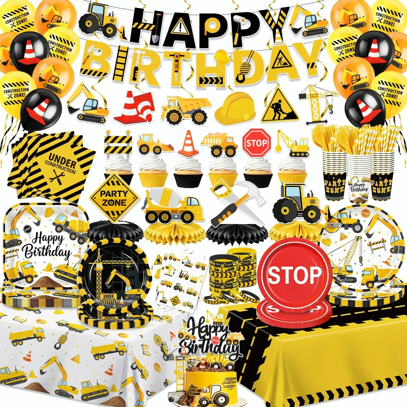 220Pcs Thick Paper Construction Birthday Party Supplies Pre-Made Set - Serves 26, Round Plates, Napkins, Cups, Honeycomb Decor, Tablecloth, Banner for Boys’ Excavator Dump Truck Themed Parties