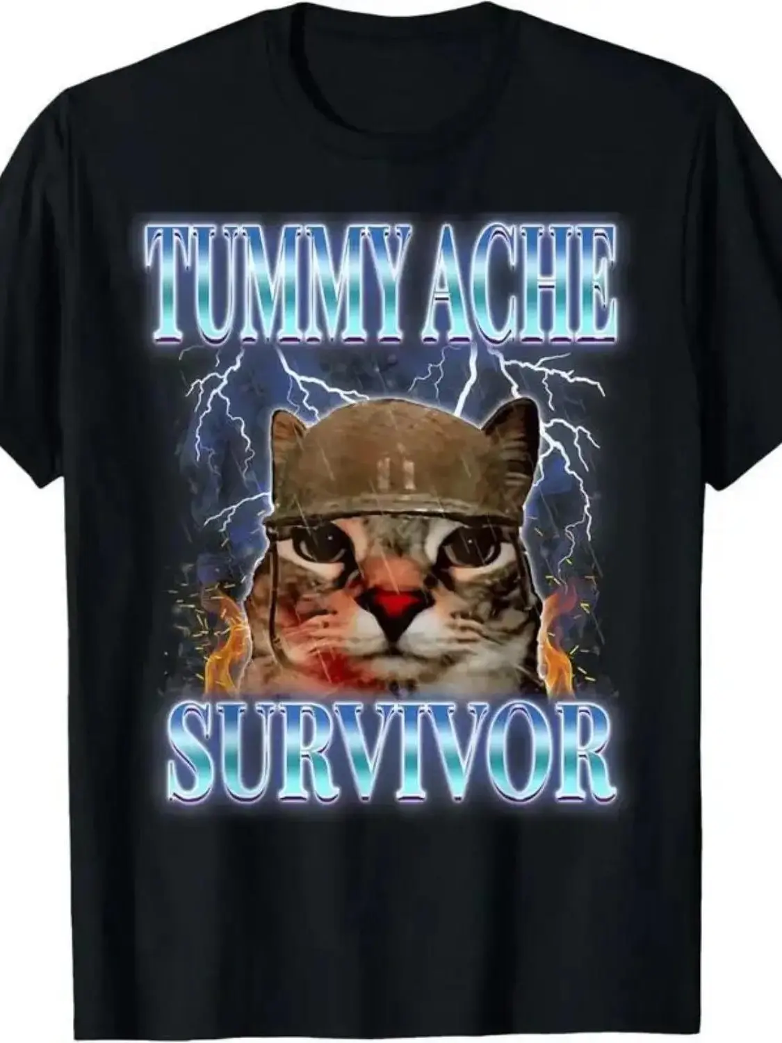 Men's Tummy Ache Survivor Graphic T-Shirt - Funny Cat Meme, 100% Soft Cotton, Classic Fitted Short-Sleeve Top for Adults, Tshirt, Shortsleeve, Clothes, Garment, Casual, Fabric, Popular Meme Image Men's Short-Sleeve T-Shirts, Funny Saying, Fitted Cut, Grap