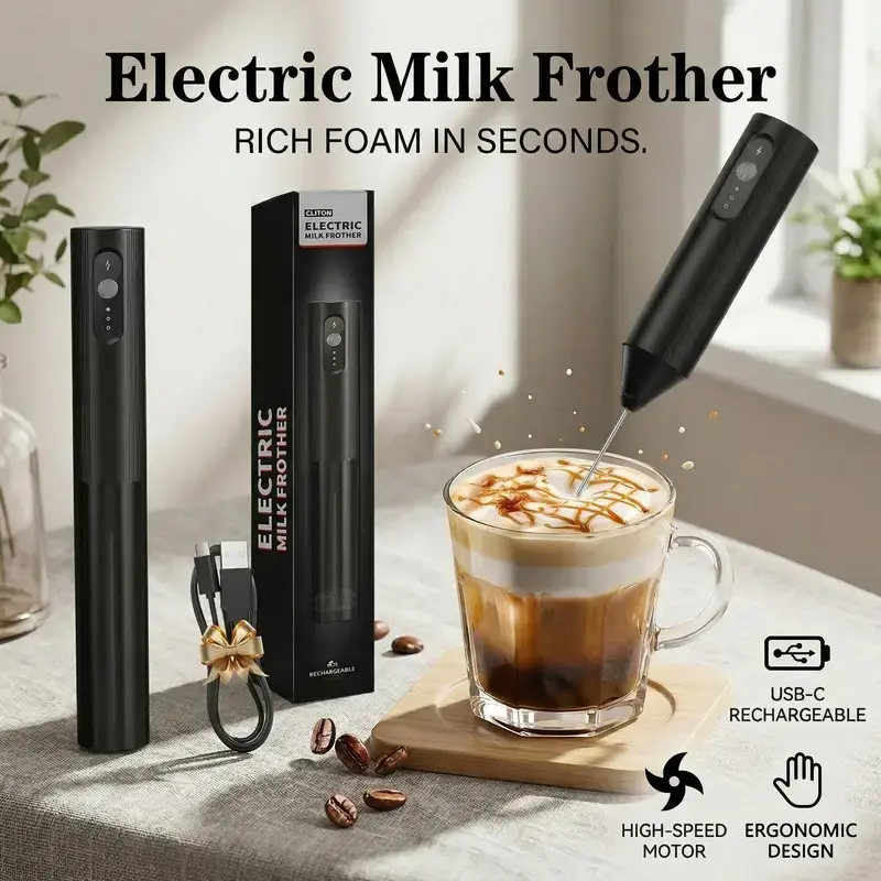 USB Rechargeable Milk Frother,Milk Frother Handheld with  3 Speeds,Coffee Mixer,Electric Milk Bubbler,Detachable Stainless Steel Whisk for Latte,Cappuccino,Matcha,Egg - Black