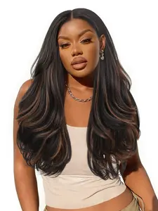 26 Inch Wavy Yaki U Part Wig, Mixed Synthetic V Part Half Wig for Women, Kinky Straight Wavy Long Glueless Half Wig, Easy Wear P1b/30, Synthetic Hair Wig, Glueless Hair Wigs