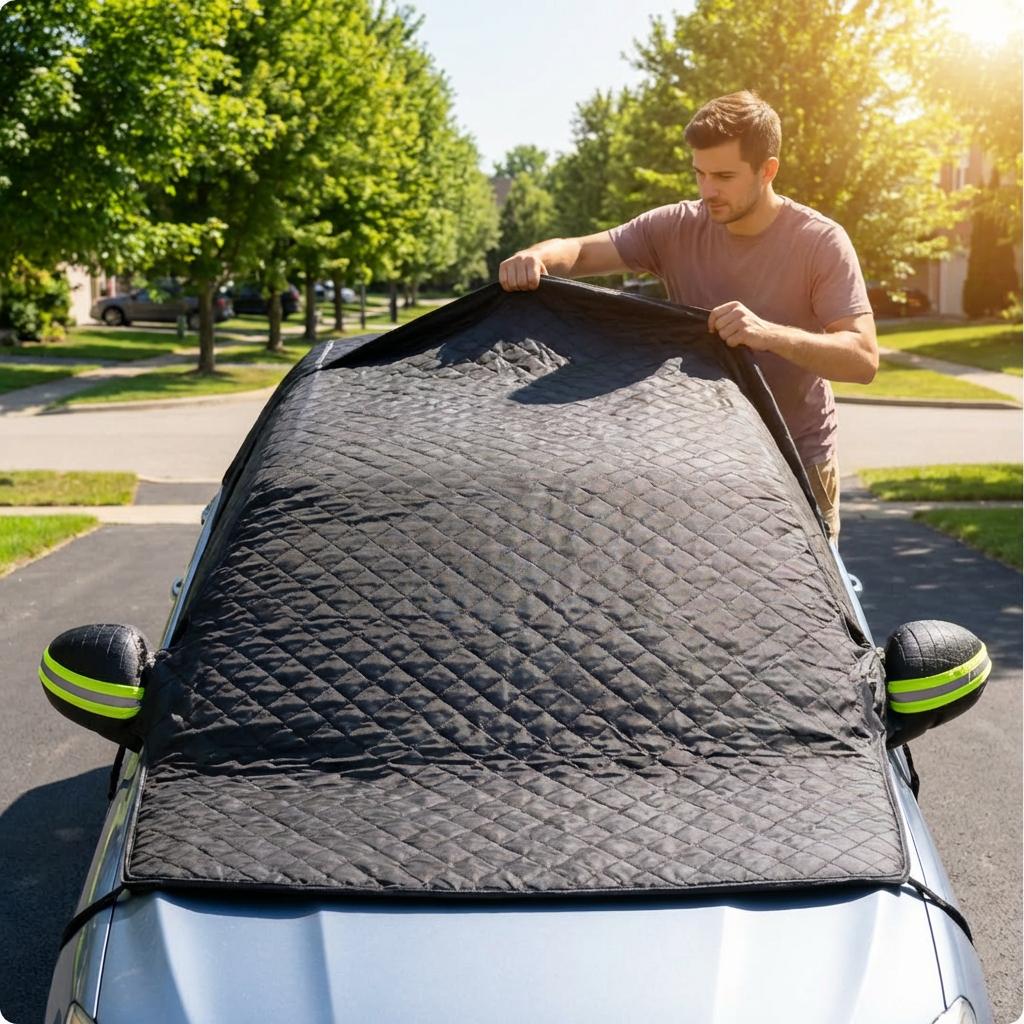 Windshield Cover with Straps Anti-Wind - Foldable All-Season Car Sunshade Protector, Reflective UV Heat Block Dustproof, Easy Install for Most Vehicles Durable Weatherproof