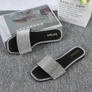 Women's Fashion Slippers Sparkly Glitter Shiny Rhinestone Slide Square Open Toe Flat Sandals Fancy Footwear Slip-on Summer Casual Dress Shoes for Wedding Party Daily Wear