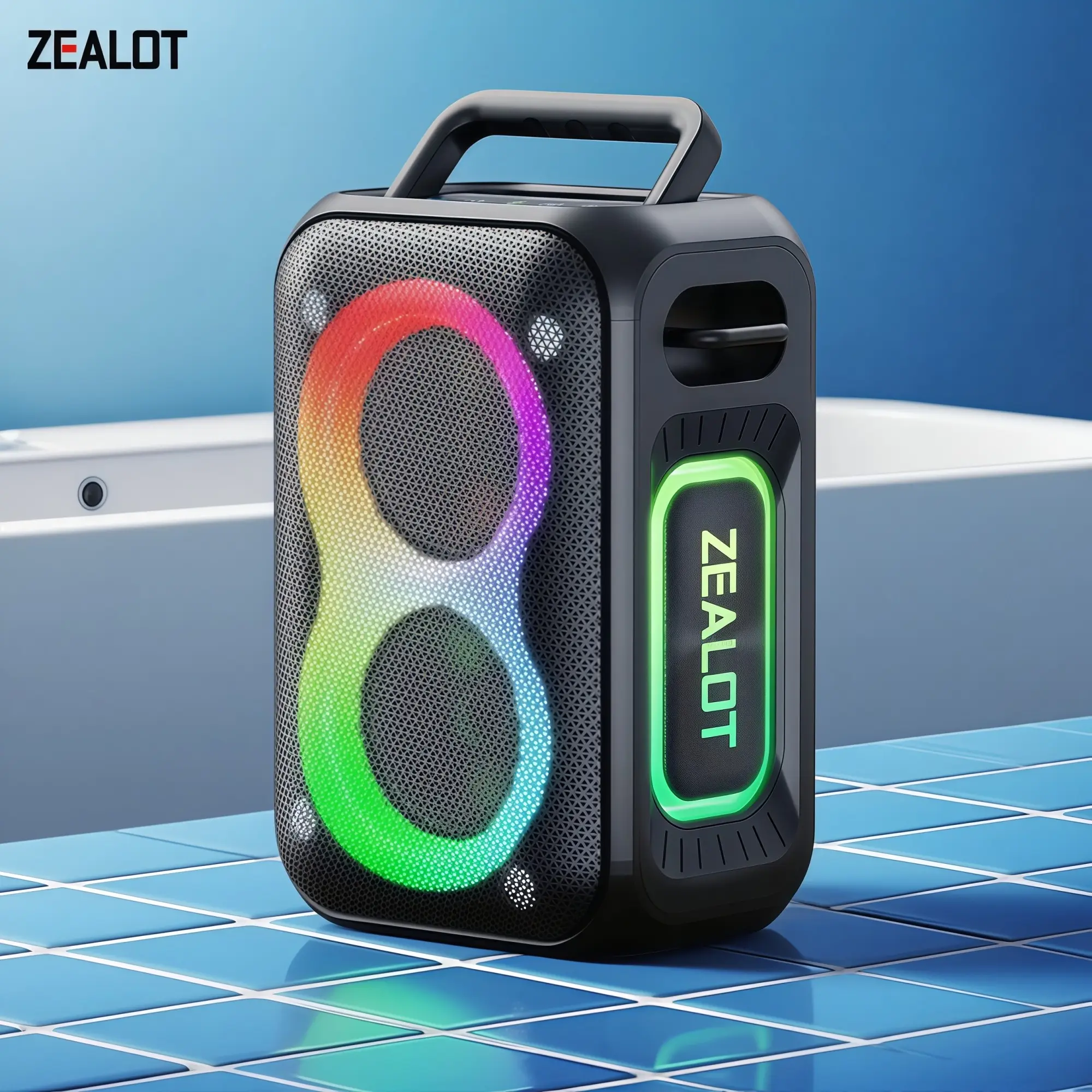 ZEALOT Durable Bluetooth Speaker, 60W HD Stereo, IPX6 Waterproof, Powerful Bass, RGB Lights & Long Battery, Dual Carry for Outdoor Events & Gifts.