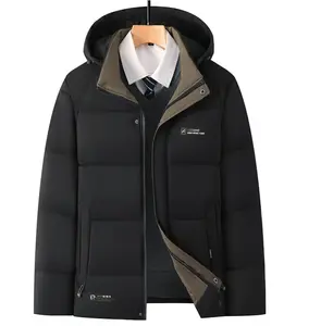 Men's Black Hooded Puffer Jacket with Built-in Shirt & Tie - Business Casual Winter Coat for Men
