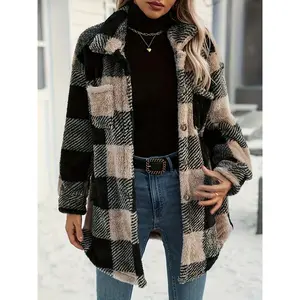 Women's Fashion Plaid Fleece Jacket with Pockets, Full Button Soft Warm Coat for Fall Winter, Classic Fit Comfortable Trendy Outerwear
