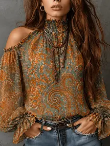 Women's Vintage Off-Shoulder Paisley Pattern Blouse Shirt Top, Elegant Retro Design, Perfect for Casual & Formal Wear, Unique Fashion Piece
