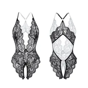 [Black Friday] Women's Lingerie Transparent Deep V-Neck Jacquard Weave Backless Bodysuit - Chest Bow Decoration, Floral Lace Criss Cross Crotchless, Heart Metal Buckle, Scallop Trim, Chic Style