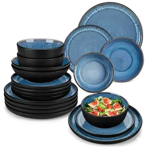 vancasso PLA Plates and Bowls Sets, 16/18/24 Pieces Stoneware Dinnerware Sets Dishes Set Modern kitchen Dishware Sets Service for 4-6 People, Dishwasher and Microwave Safe, Blue, Black, Green Set