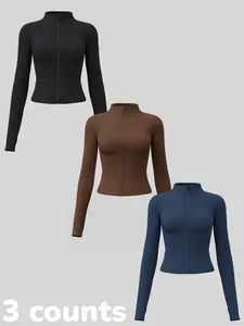Women's Long Sleeve Yoga Jacket Set, Sports Outerwear, High Neck Zipper Closure, Quick-Dry Fitness Top, Tight-Fitting Sports Wear, Athletic Sports Clothing, 3 Piece Pack