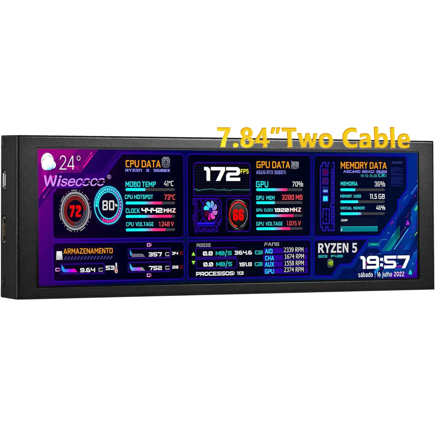 Wisecoco 7.84in Portable Computer Secondary Display & Sensor Panel - CPU-GPU Temperature Monitor with Casing, 367+ cd Display Brightness, Aida64 Compatible Real IPS Computer Case Accessory for Programmers