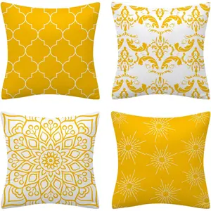 Set of 4 Luxton Home Decoration Yellow Cushion Covers, Soft Flannel Square Cushion Cover Set Yellow Floral Motif Sofa Couch Lounge Decoration Pillow Covers 45x45cm