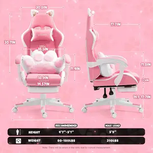 Cat Ears PU Leather Gaming Chair Ergonomic Adjustable Office Desk Computer Chairs for Gamers Adults Kids 360 Degree Swivel Recliner 45in Height, Pink