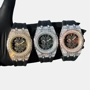 Men Iced Bling Rapper Skeleton Dial Simulated Diamond Black Silicone Band Luxury Fashion Hip Hop Watch Wristwatch