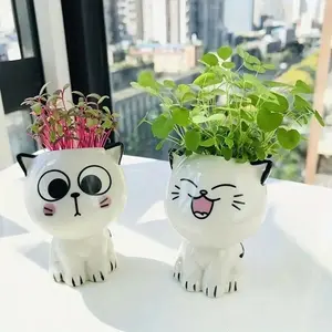 Cute Cat Ceramic Flower Pot, Creative Cartoon Seedling Plant Vase, DIY Desktop Mini Decorative Ornament, Home Garden Decoration, Ceramic Urn Planters, Plant Pots