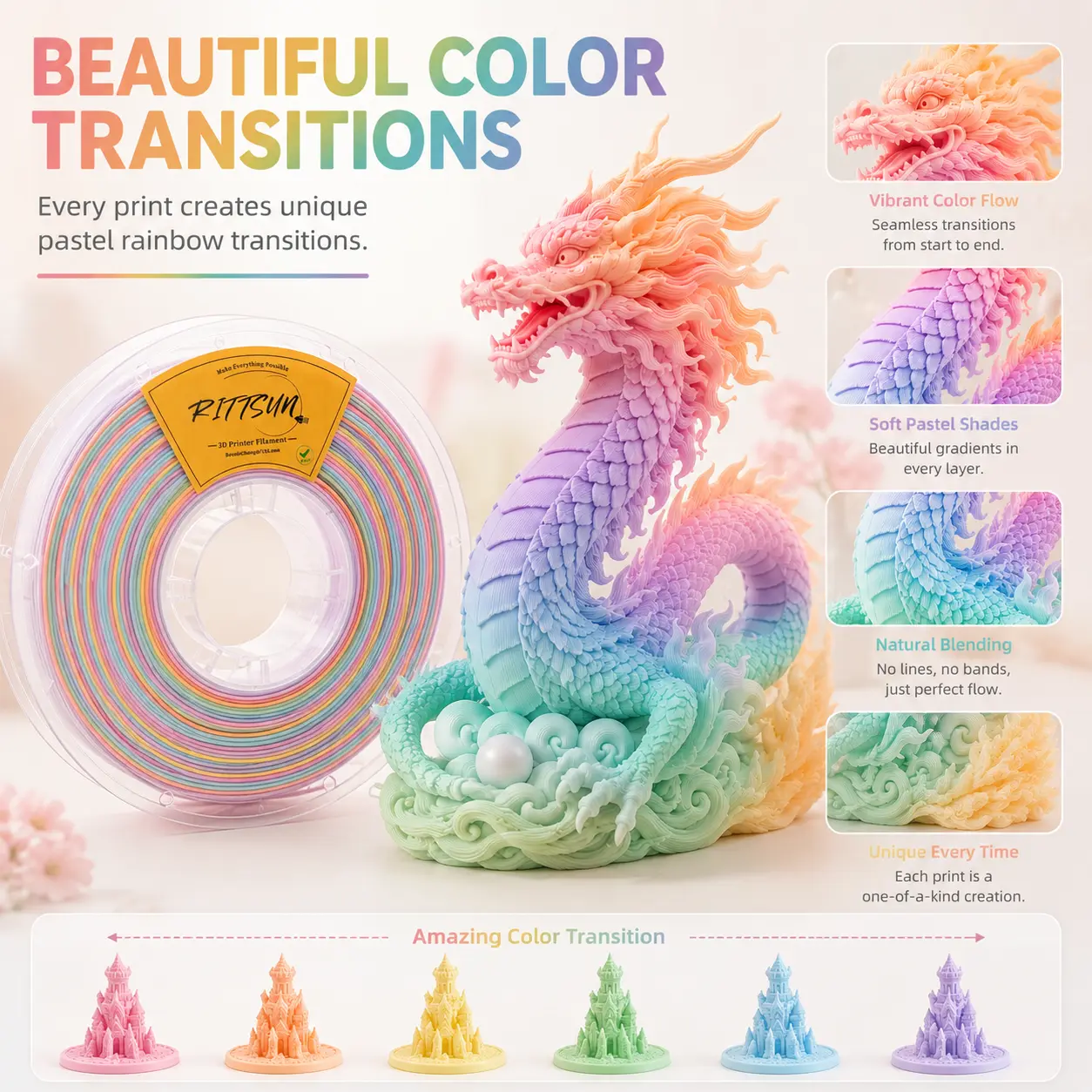 RITTSUN Rainbow PLA 3D Printing Filament (1.75mm, 1kg/2.2 lbs) — Soft Macaron Gradient Colors, Dimensional Accuracy +/-0.03mm, Smooth Printing, No Clogging, Compatible with Most FDM Printers (Silk Rainbow / Matte Rainbow / Multicolor Gradient Rainbow)