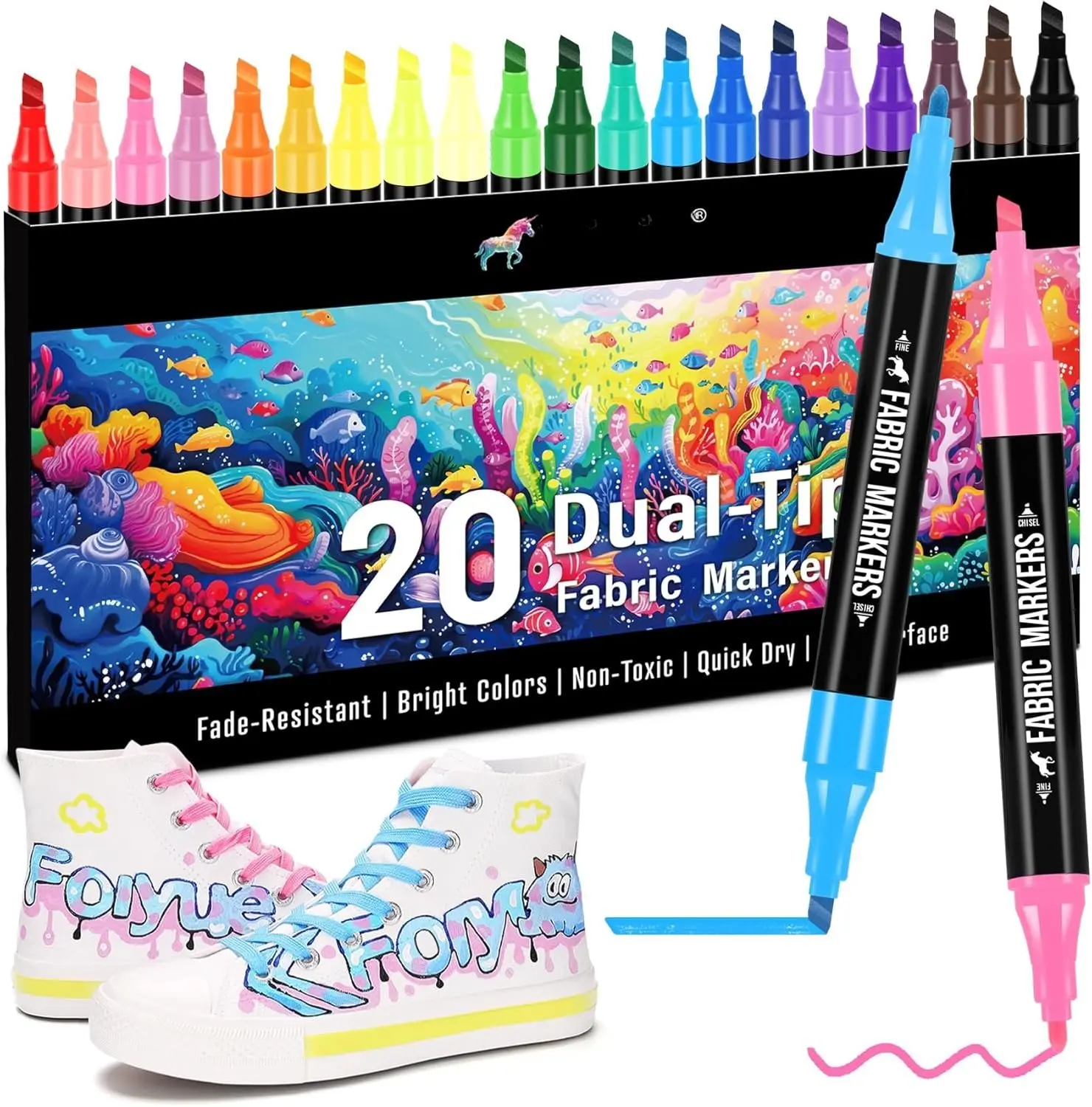 20-Color Permanent Fabric Markers, Dual-Tip Office Writing Tools with Fine & Chisel Tips, Non-Toxic Ink for Clothing, Canvas Tote Bags & T-Shirts, Ideal for Thanksgiving, Easter & Valentine's Day, Excellent Coverage