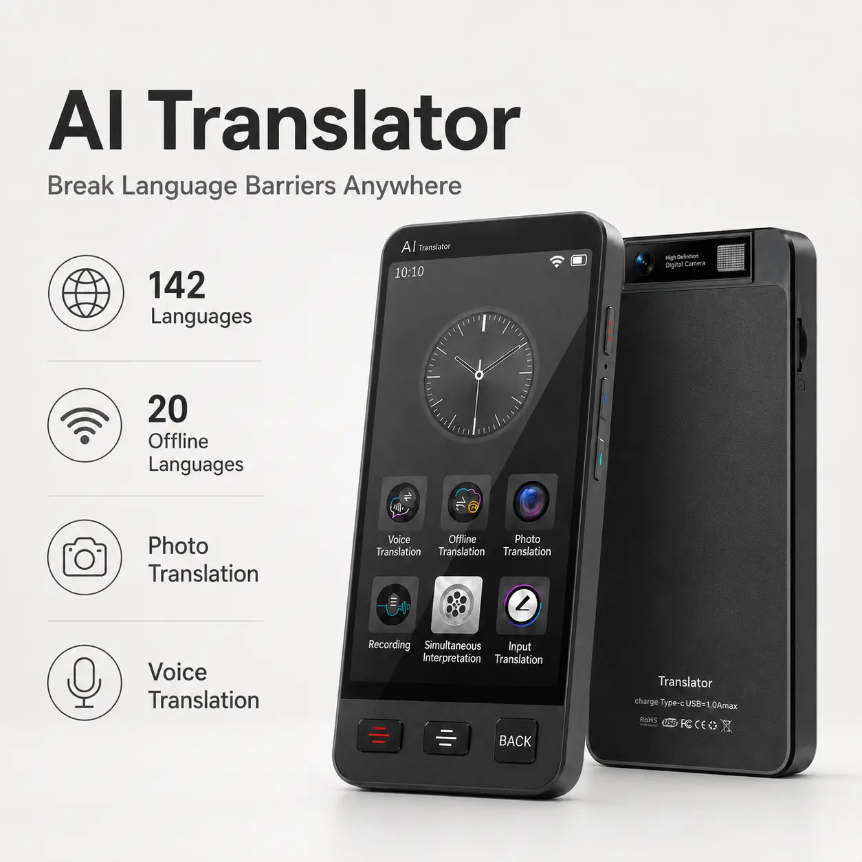 AI 2-Way Language Translator Device, Smart Portable Touchscreen E-Dictionary with Memory & ChatGPT App, 142 Languages, 19 Offline, Real-Time Voice, Photo & Text Translation for Parties, Socializing, Hotel Check-In, Business, Meeting Recording & Directions
