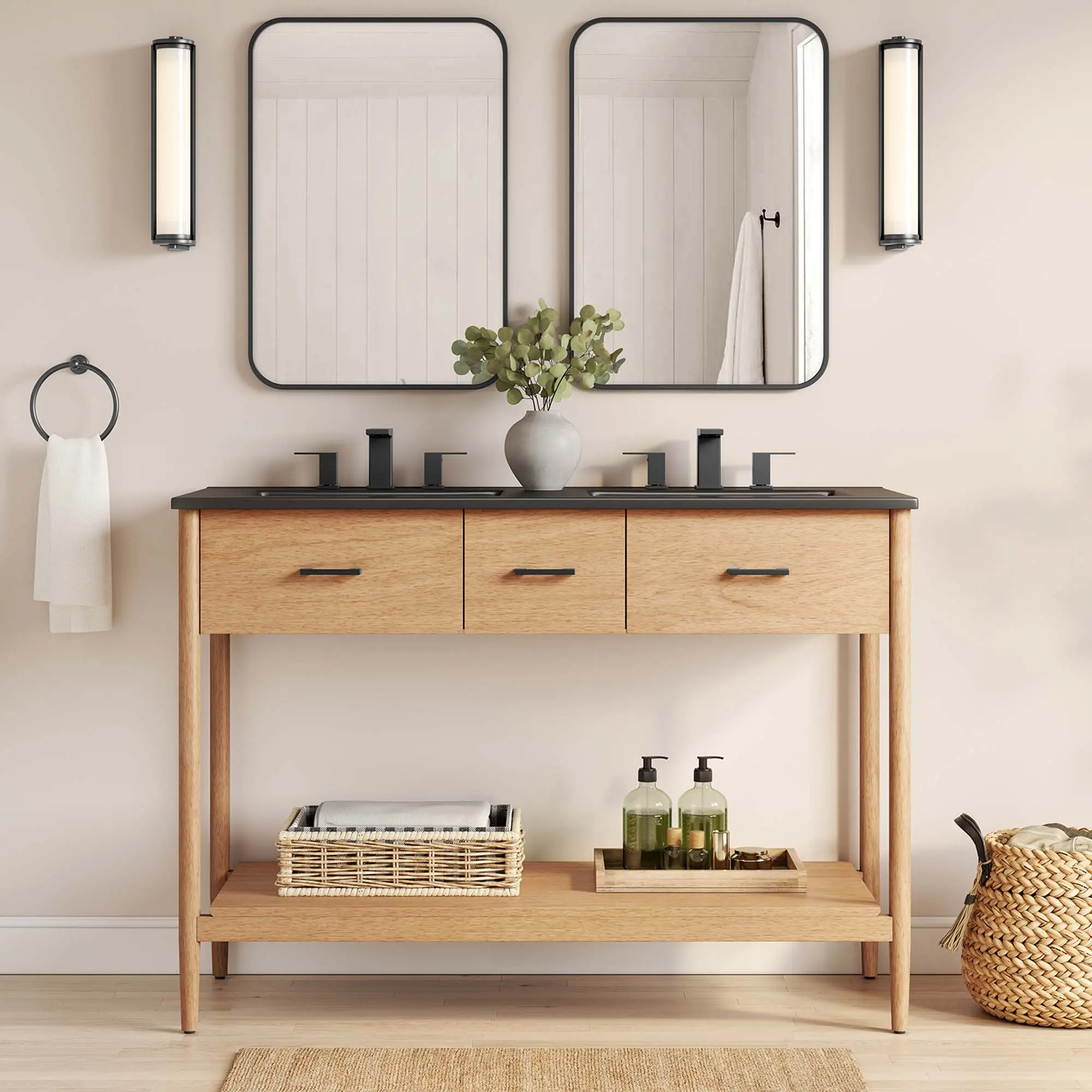 Zaire 48-inch Modern Double Sink Bathroom Vanity, Natural Black, Adjustable Metal Construction, 375 lbs Weight Capacity