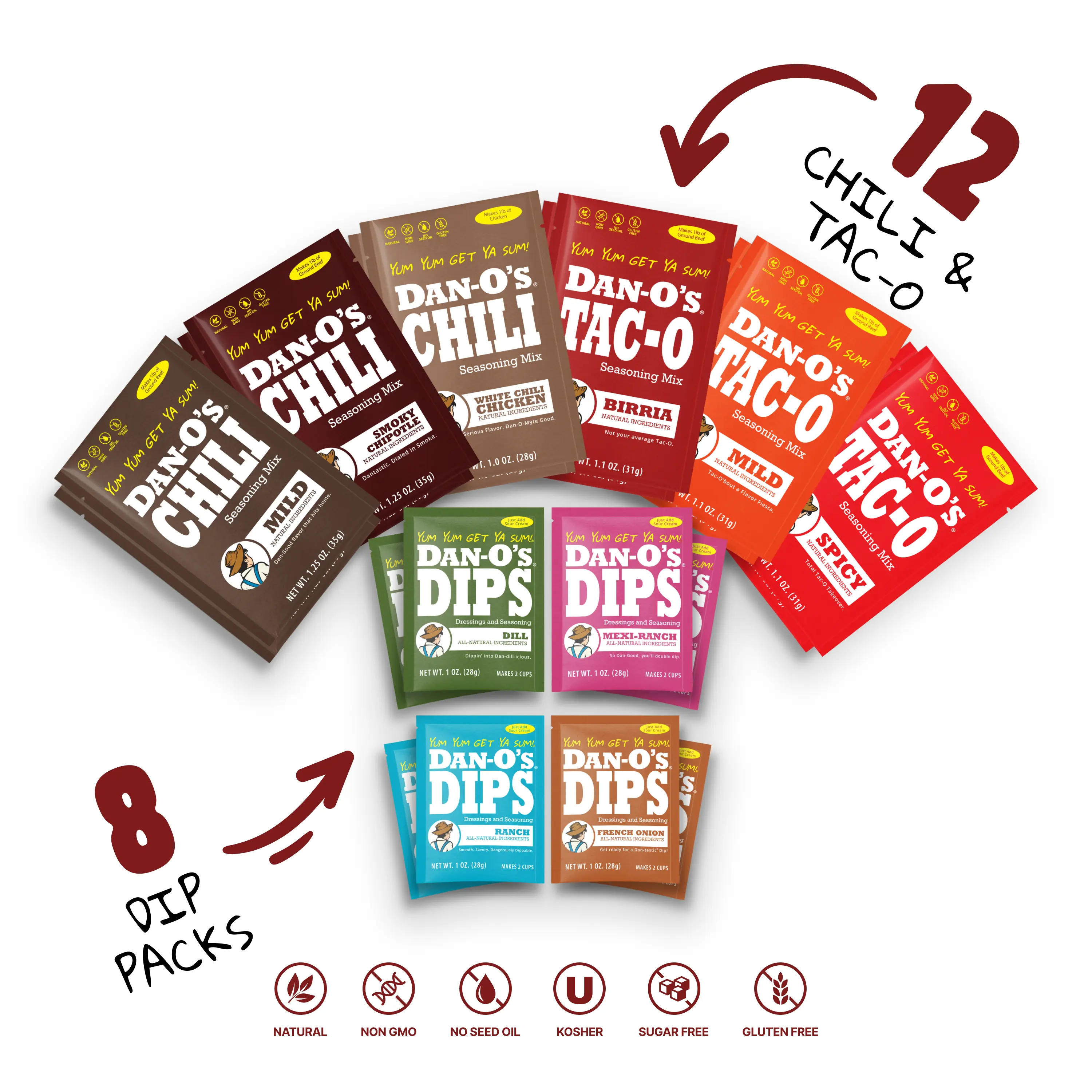 Dan-O's Seasoning 20 Packet Pack - All Tac-O's, Chili's, and Dips!
