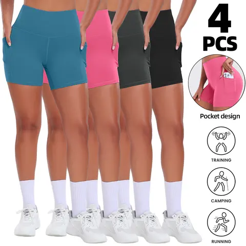 Women's 4-Pack High-Waisted Tight Cycling Shorts with Black Waistband - Active, Breathable, Tummy Control, Pockets - Outdoor Training Running Gym Apparel