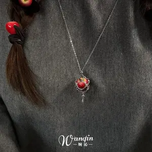 Anime Love and Deepspace Caleb Cosplay Red Apple String Bag Pendant Necklace Cartoon Necklaces Sweater Chain Amulet Xmas Gift