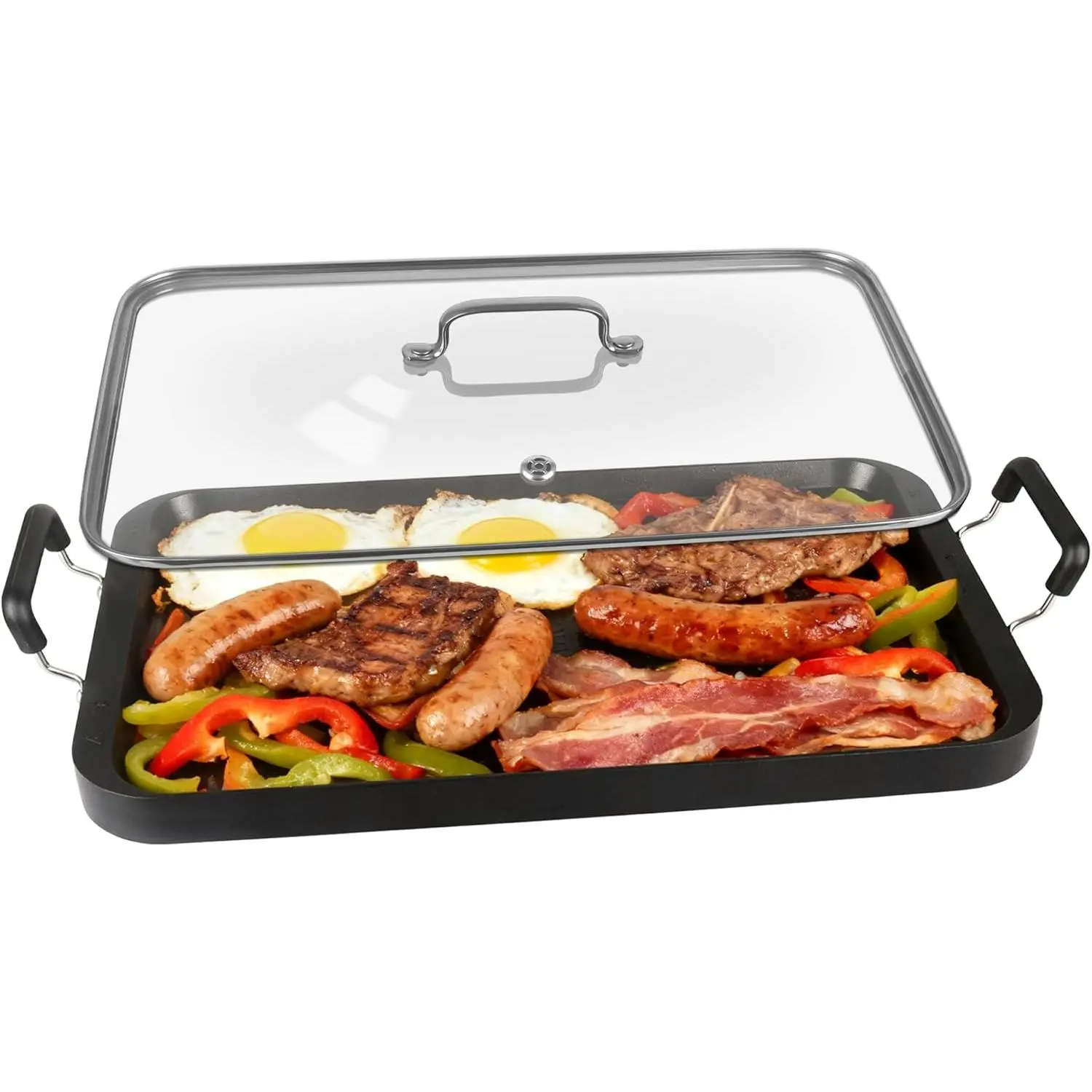 2-Burner Rectangular Nonstick Aluminum Griddle Pan with Glass Cover, Ribbed Base - Portable Patio Grill, Double Burners, Aluminum Alloy Lighter - 22''x11.8''x1.77'' for Gas, Glass Cooktops, Camping, Indoor-Outdoor Breakfast Cooking (Pancakes/Eggs)