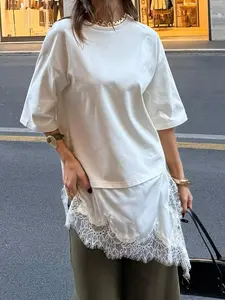 Women's Spring Summer Fashion Casual Everyday Asymmetrical Hem Lace Patchwork T-Shirt, Pure Color Round Neck Short Sleeve Loose Fit Top Womenswear